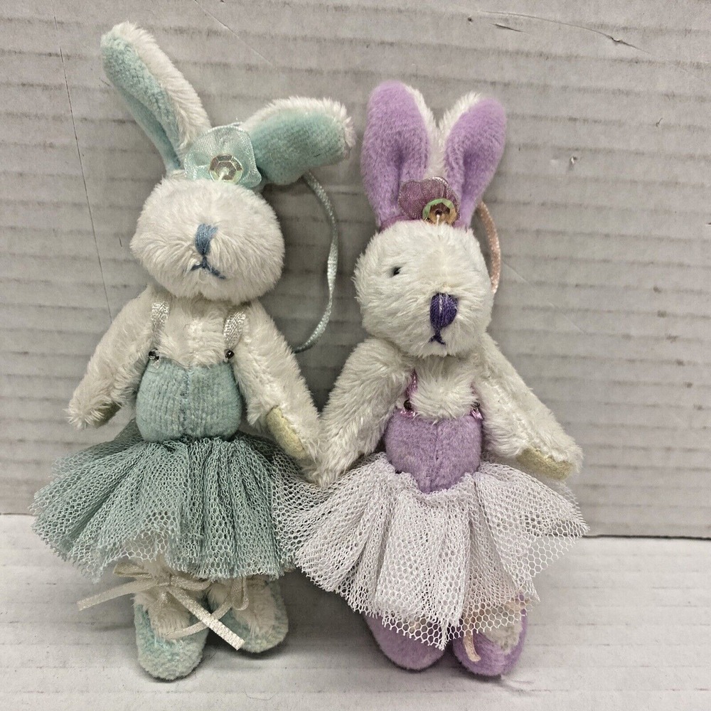 Lot of 2 Mini Plush Easter Rabbit Bunny In Tutus ornaments 4" purple teal